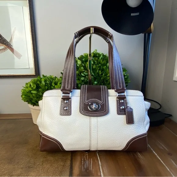 2009 Coach Hampton White Chocolate Brown Turnlock Satchel Shoulder Bag - Picture 4 of 17